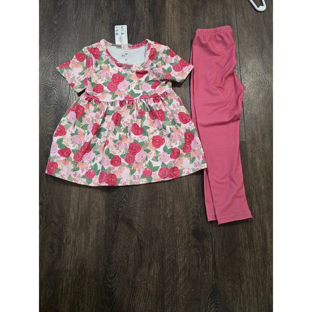 Pete + Lucy Girls 4T Floral Tunic and Leggings Set Pink Rose Print P+Lush NWT